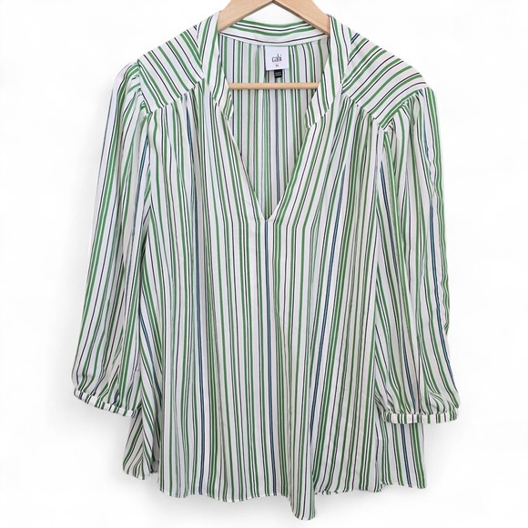 CAbi Tops - CAbi Top Womens XL Green Striped V Neck Blouse Awning 3/4 Sleeve Style 5893